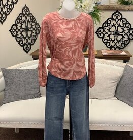 Democracy Democracy Mahogany Red L/S Emb Scoop Neck Shirttail Hem Print Knit Top LK