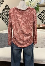 Democracy Democracy  Mahogany Red L/S Emb Scoop Neck Shirttail Hem Print Knit Top LK