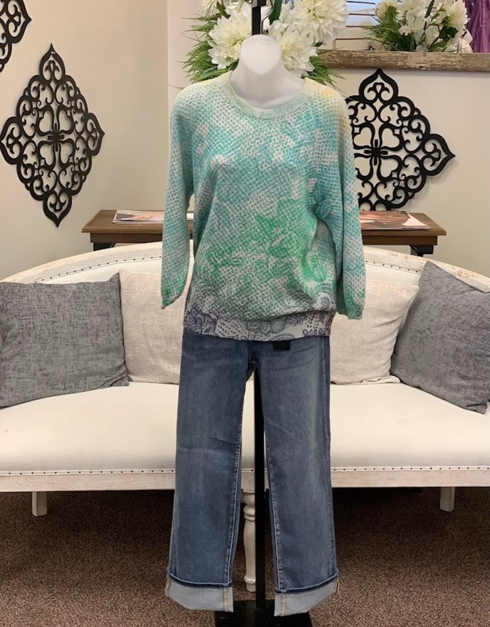 Democracy Democracy Grey Blue Multi 3/4 Dolman slv Round Neck Banded Bottom Sweater LO