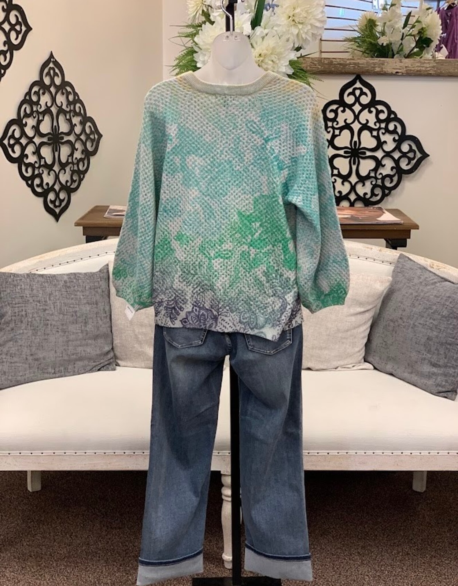 Democracy Democracy Grey Blue Multi 3/4 Dolman slv Round Neck Banded Bottom Sweater LO