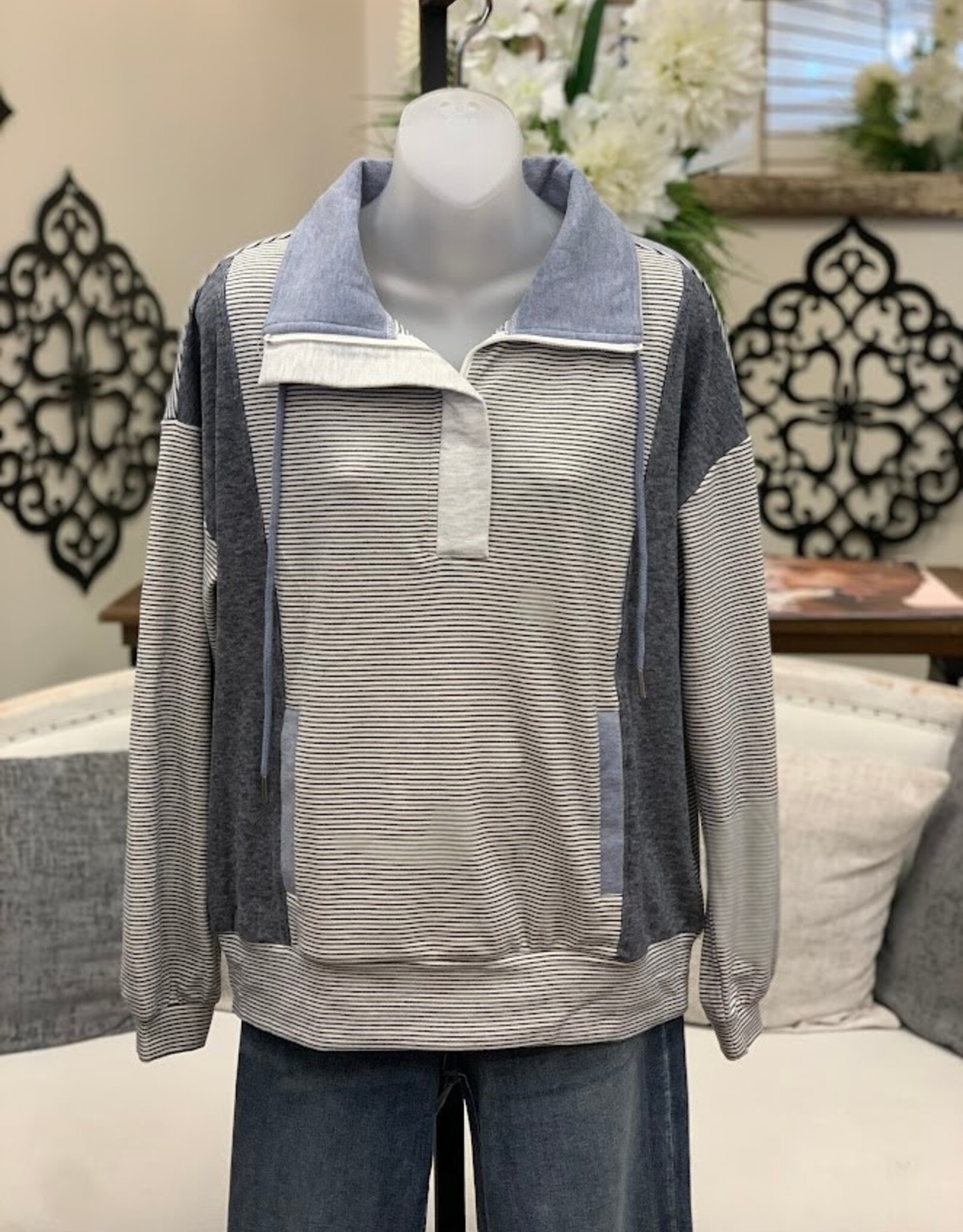 Hem & Thread Hem & Thread Stripe Mixed Blushed Half Zip Pullover Top