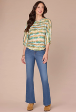 Democracy Democracy B79503M5E Nile Blue Multi 3/4 Blouson Slv Boat Neck Shirttail Hem Print Knit Top LB