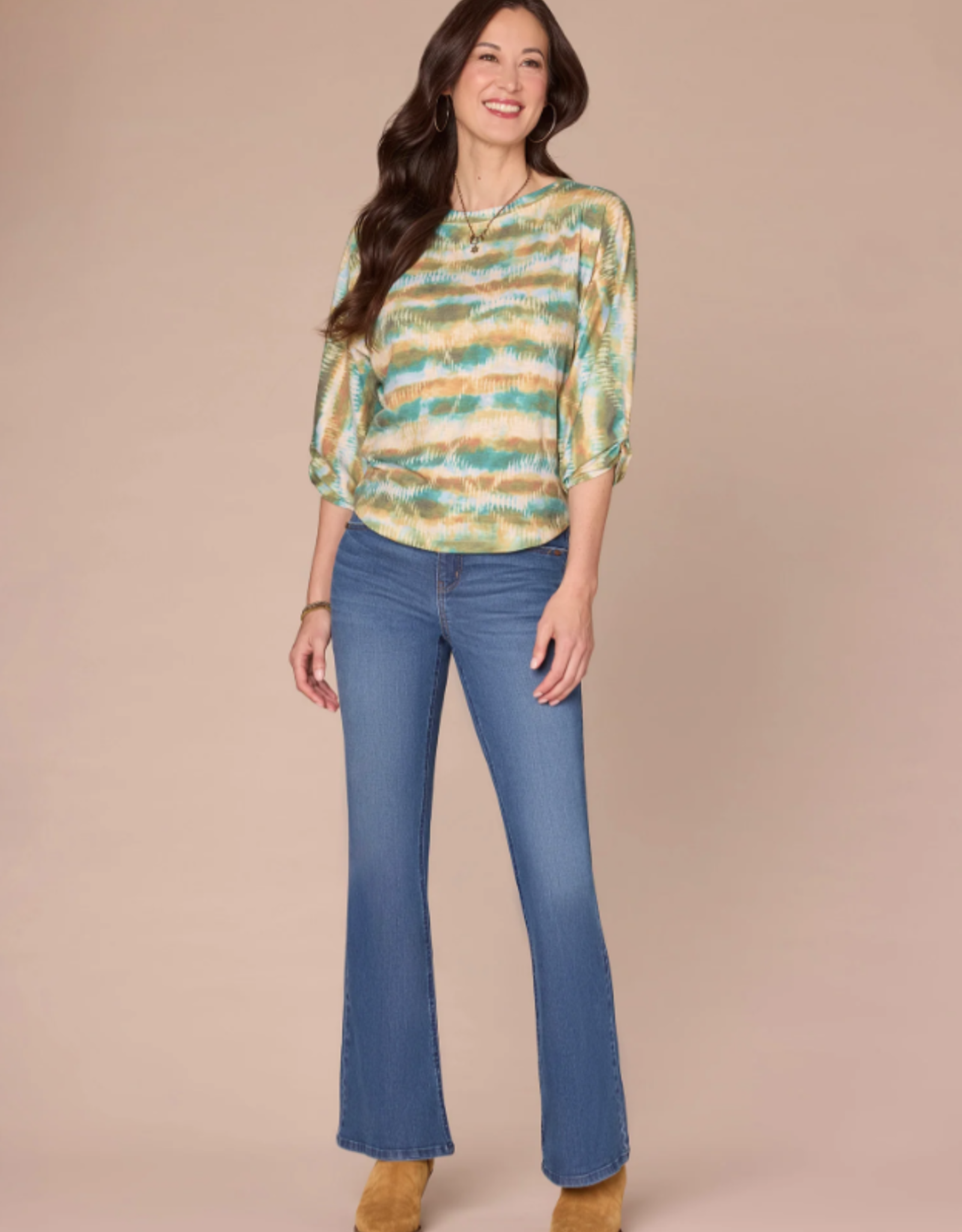 Democracy Democracy B79503M5E Nile Blue Multi 3/4 Blouson Slv Boat Neck Shirttail Hem Print Knit Top LB