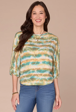 Democracy Democracy B79503M5E Nile Blue Multi 3/4 Blouson Slv Boat Neck Shirttail Hem Print Knit Top LB