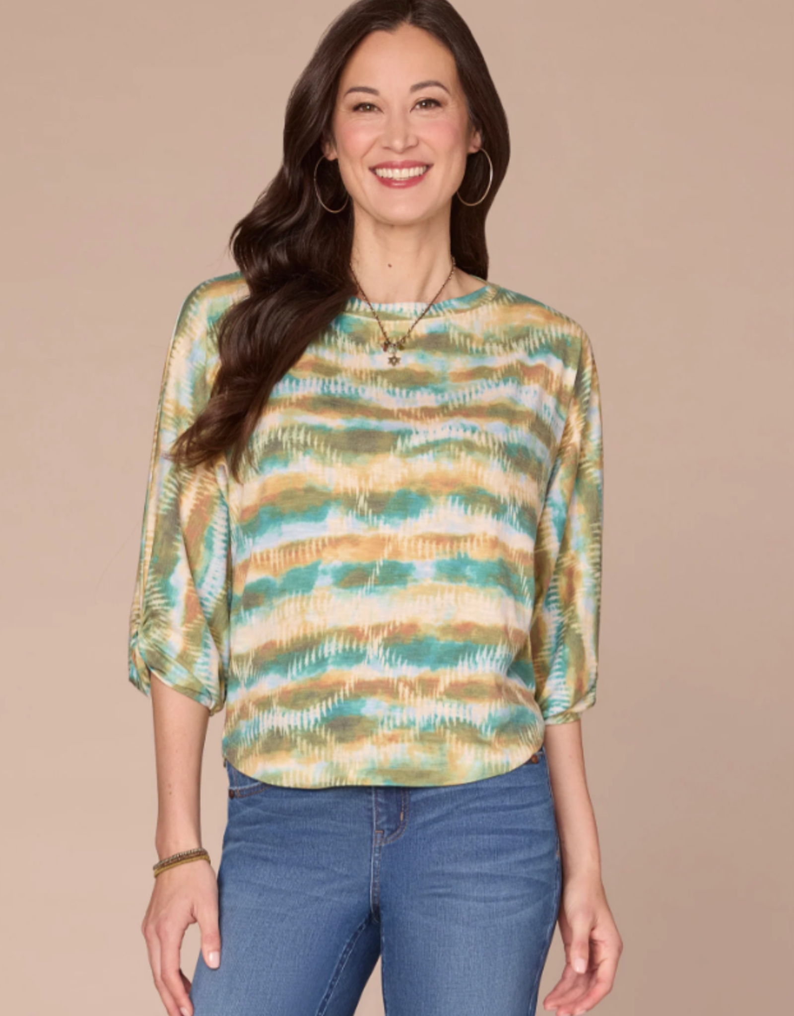 Democracy Democracy B79503M5E Nile Blue Multi 3/4 Blouson Slv Boat Neck Shirttail Hem Print Knit Top LB