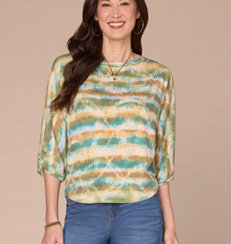 Democracy Democracy B79503M5E Nile Blue Multi 3/4 Blouson Slv Boat Neck Shirttail Hem Print Knit Top LB