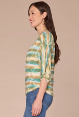 Democracy Democracy B79503M5E Nile Blue Multi 3/4 Blouson Slv Boat Neck Shirttail Hem Print Knit Top LB