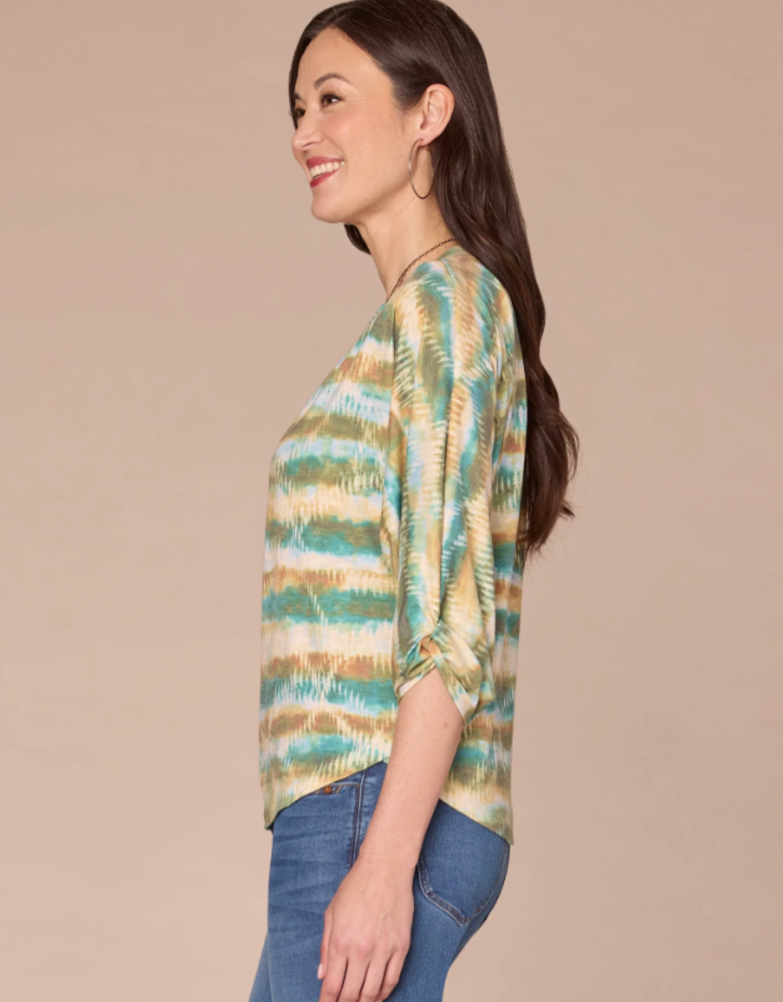 Democracy Democracy B79503M5E Nile Blue Multi 3/4 Blouson Slv Boat Neck Shirttail Hem Print Knit Top LB