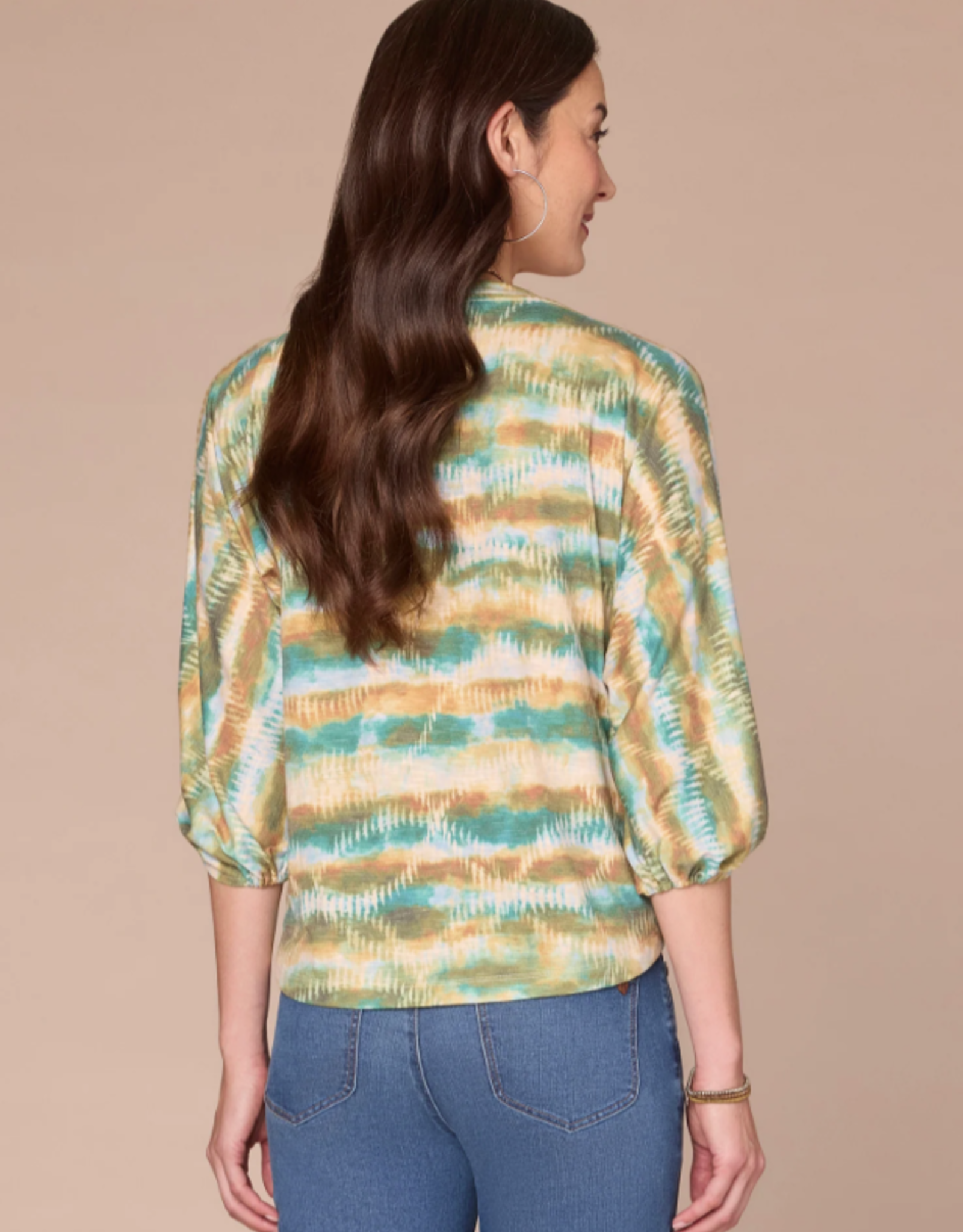 Democracy Democracy B79503M5E Nile Blue Multi 3/4 Blouson Slv Boat Neck Shirttail Hem Print Knit Top LB