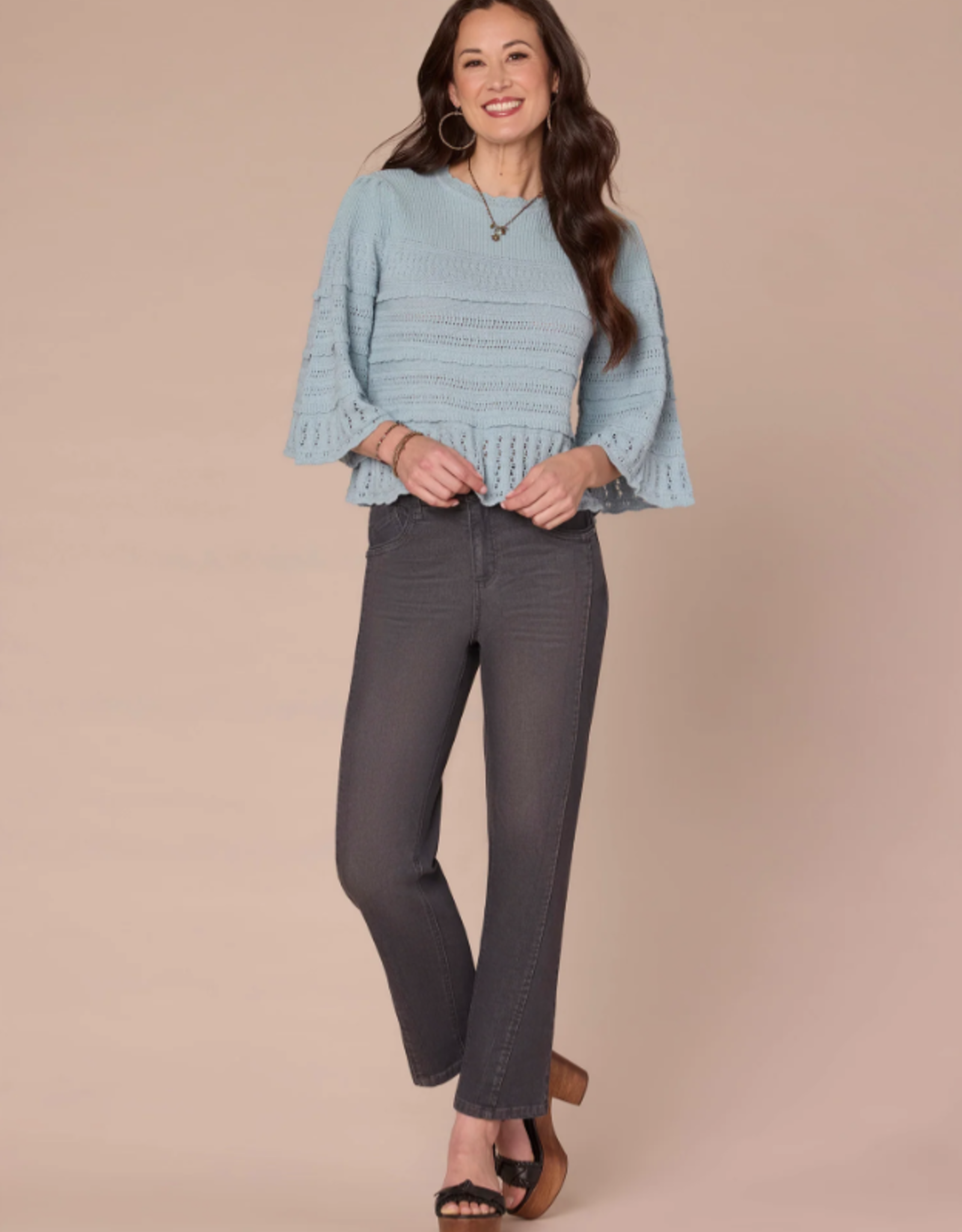 Democracy Democracy Nile Blue 3/4 Bell Slv Round Neck Scalloped Edge Varigated Stitch Mix Sweater