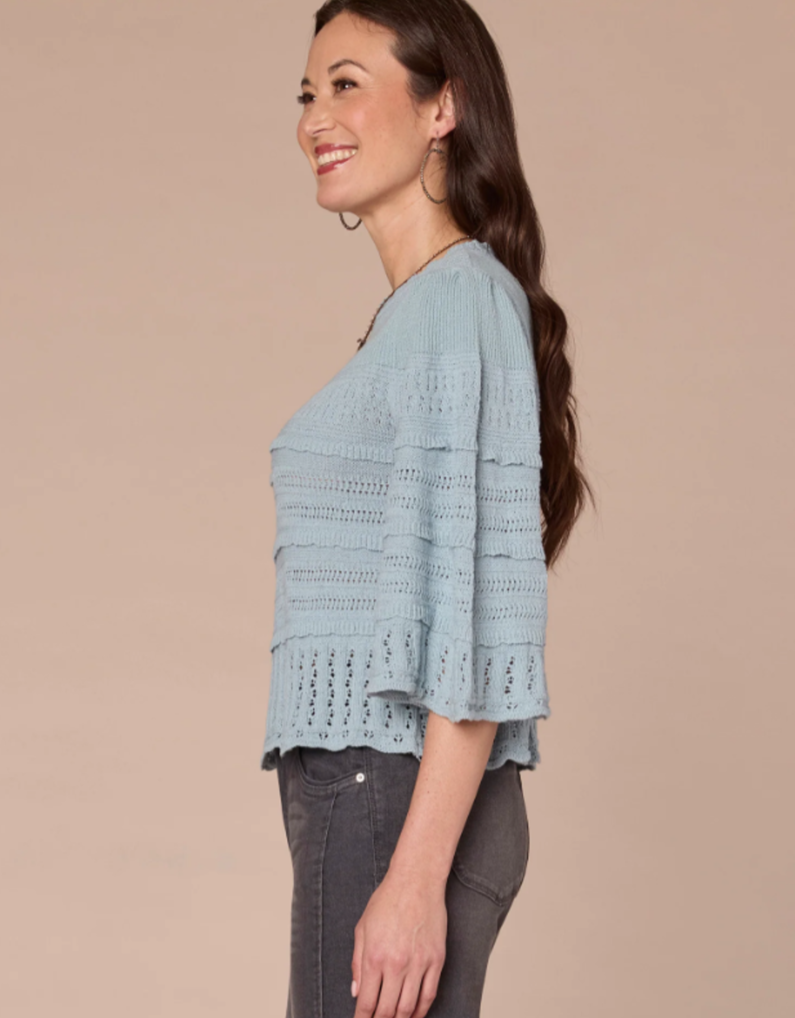 Democracy Democracy Nile Blue 3/4 Bell Slv Round Neck Scalloped Edge Varigated Stitch Mix Sweater