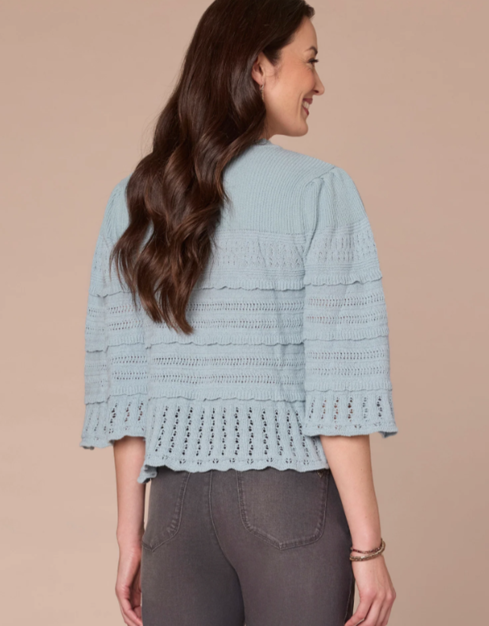 Democracy Democracy Nile Blue 3/4 Bell Slv Round Neck Scalloped Edge Varigated Stitch Mix Sweater
