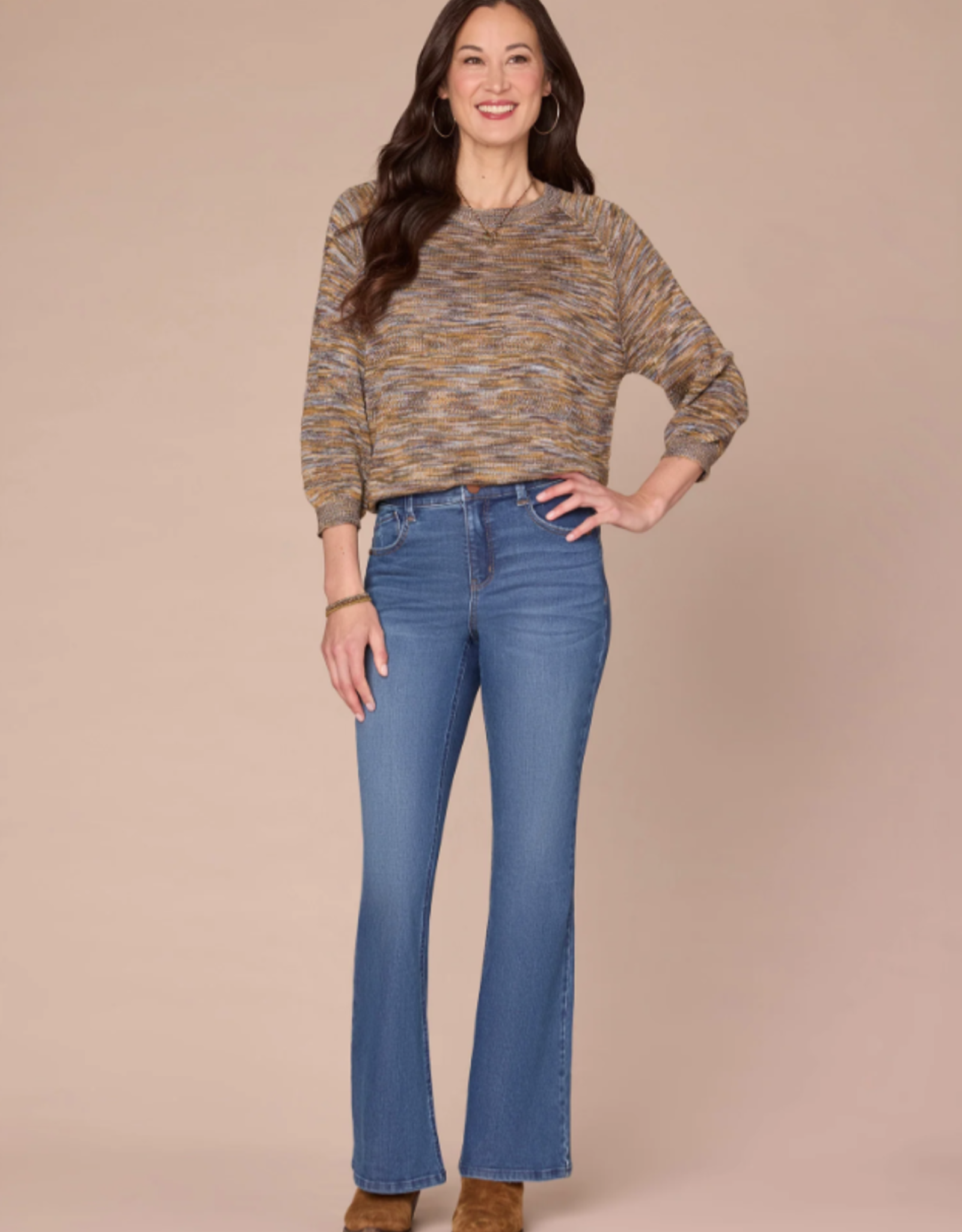 Democracy Democracy Golden Olive 3/4 Blouson Slv Round Neck Space Dye Sweater