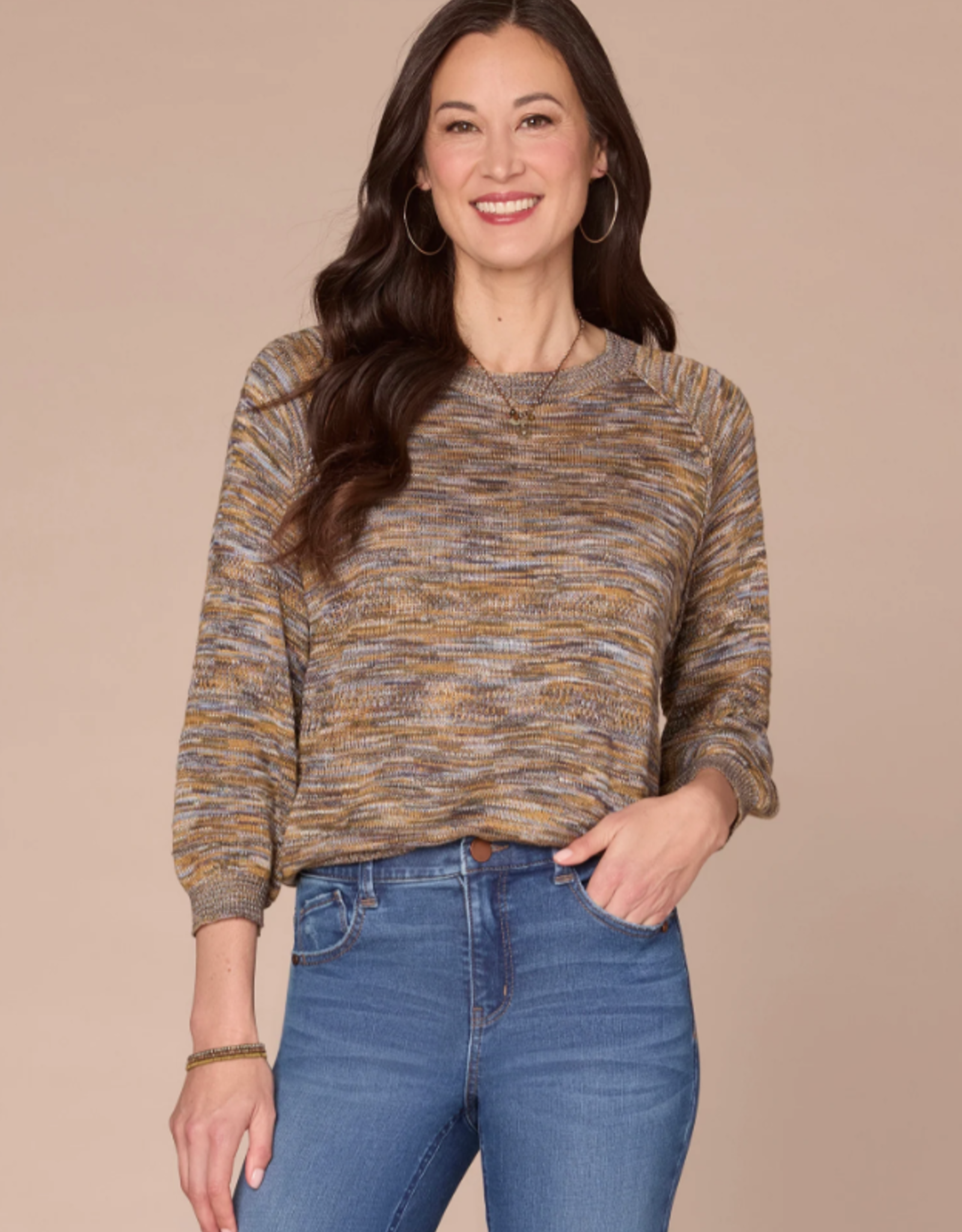 Democracy Democracy Golden Olive 3/4 Blouson Slv Round Neck Space Dye Sweater