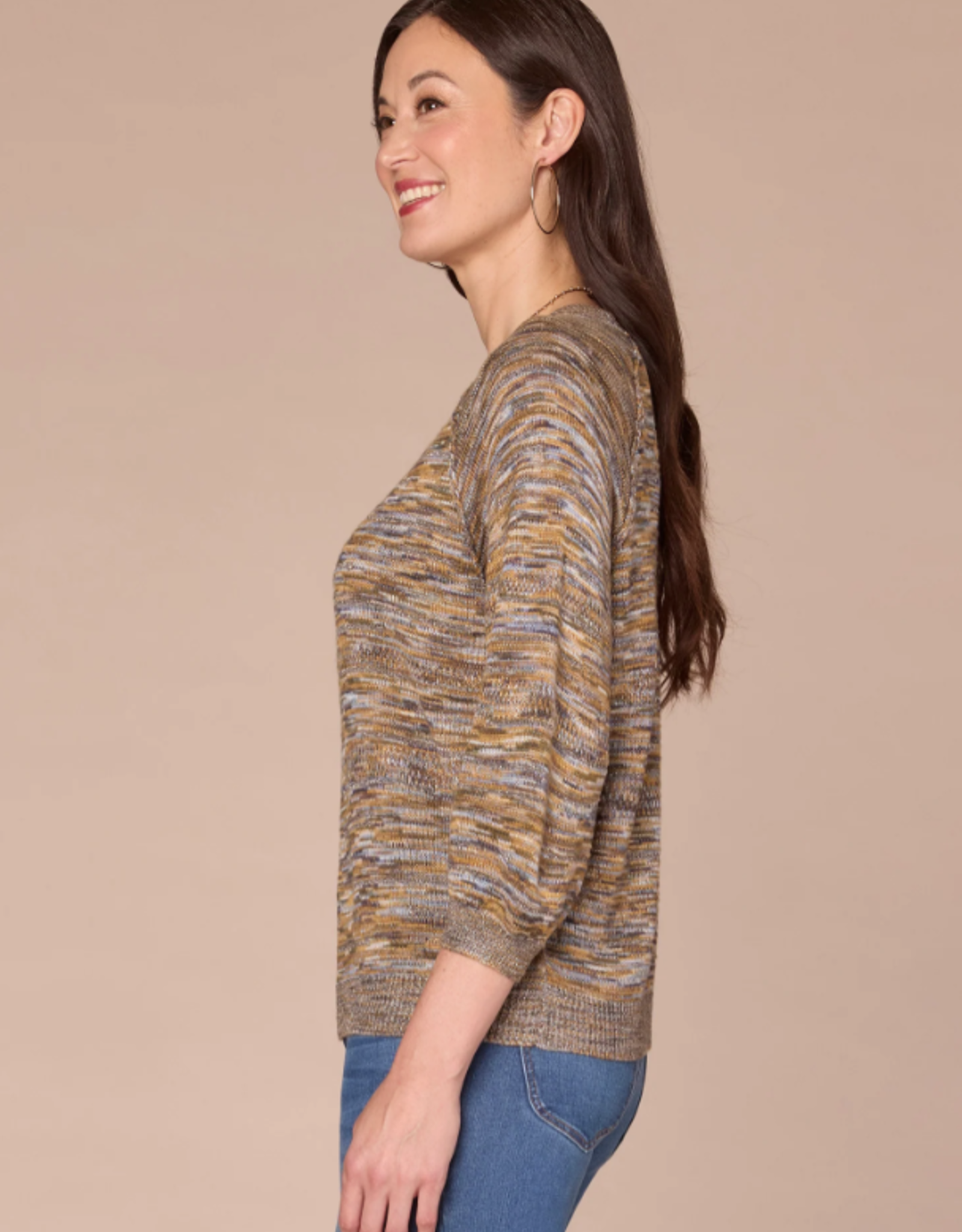 Democracy Democracy Golden Olive 3/4 Blouson Slv Round Neck Space Dye Sweater