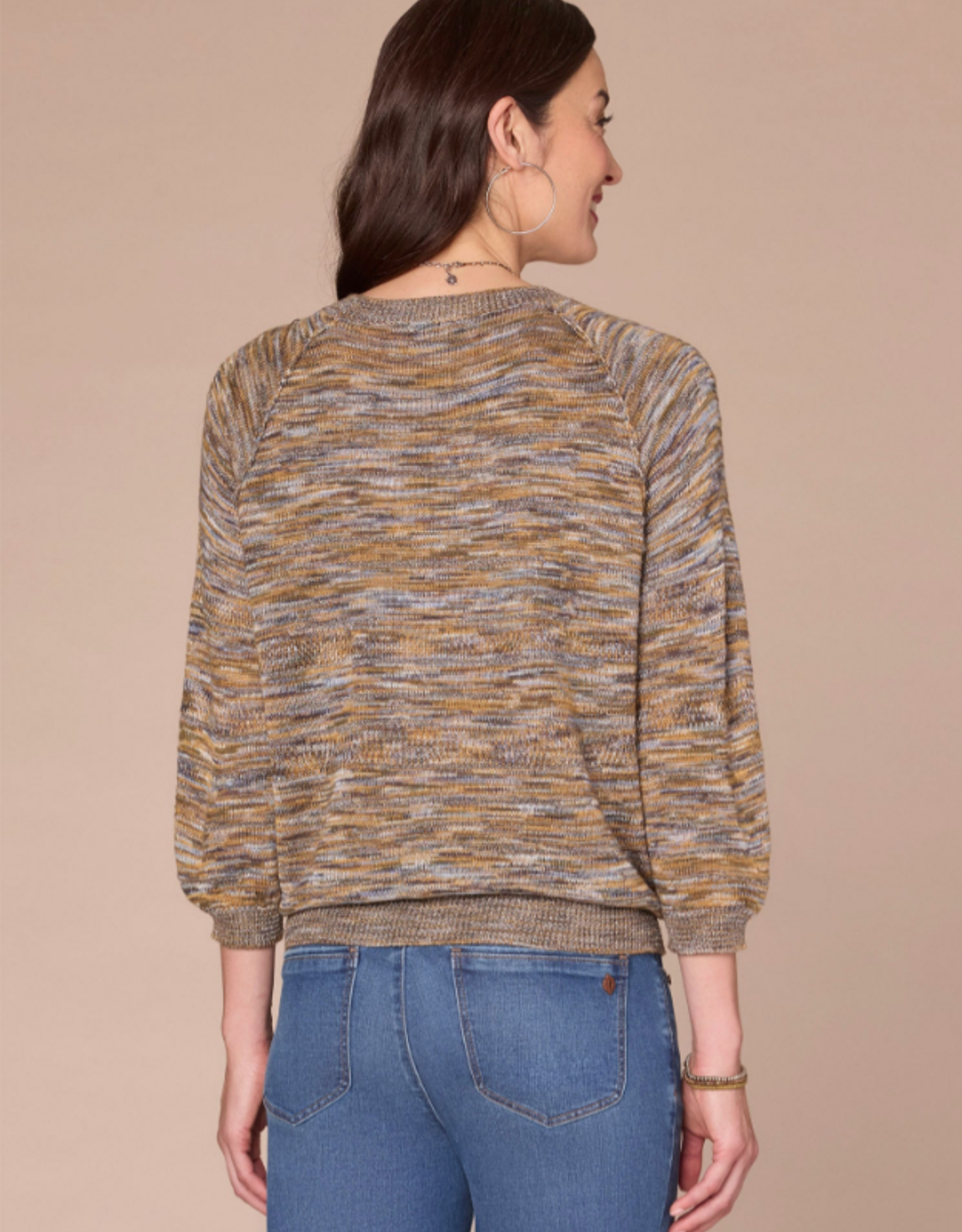 Democracy Democracy Golden Olive 3/4 Blouson Slv Round Neck Space Dye Sweater