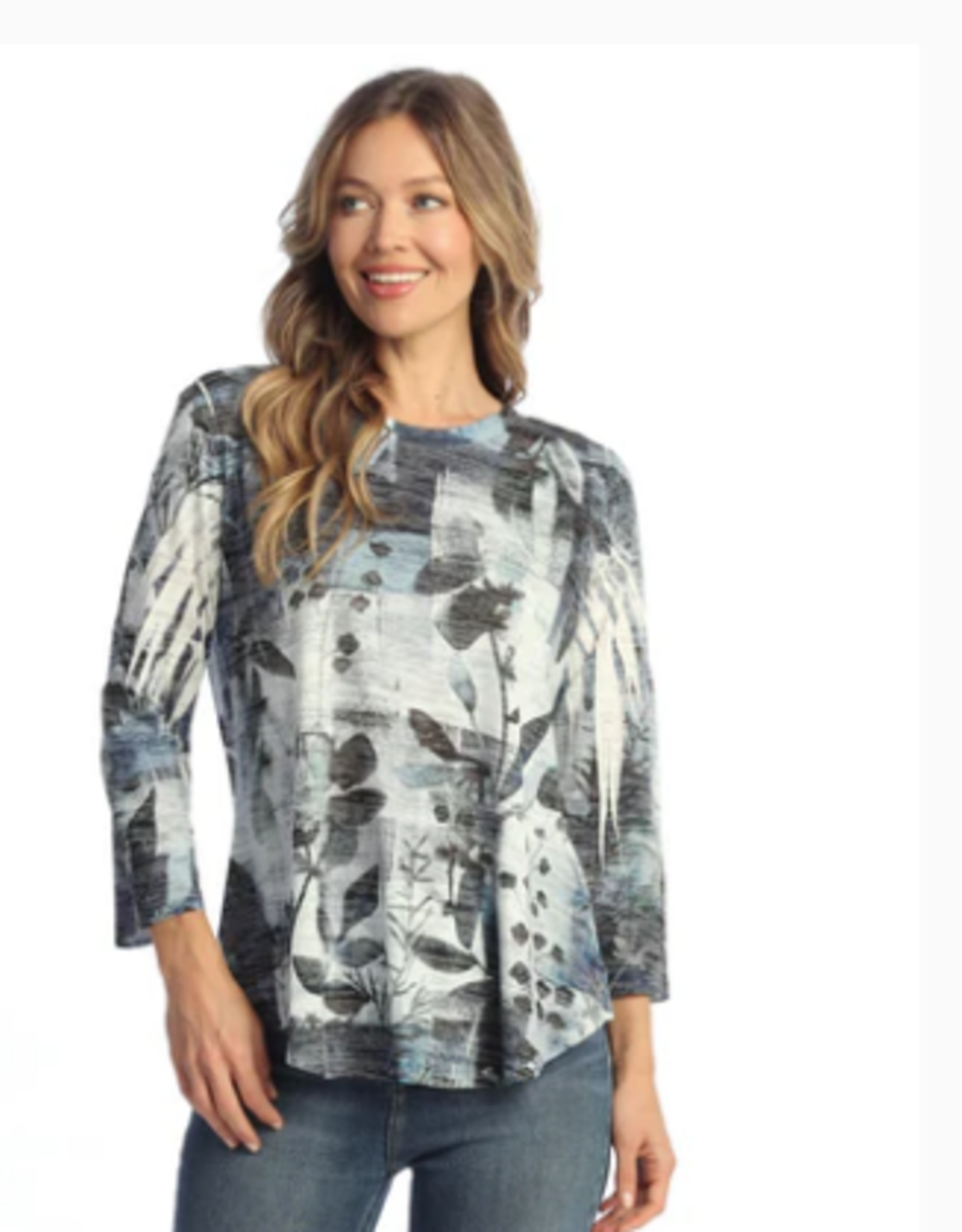 Jess & Jane Jess & Jane AJ2-2142 Multi Primrose Burnout Tunic Top W/3/4 Slv and Round Hem LO