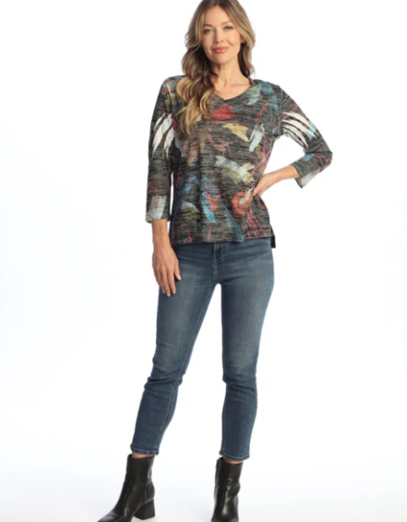 Jess & Jane Jess & Jane Multi Bonita Burnout Hi-Low Tunic Top W/Side Slit