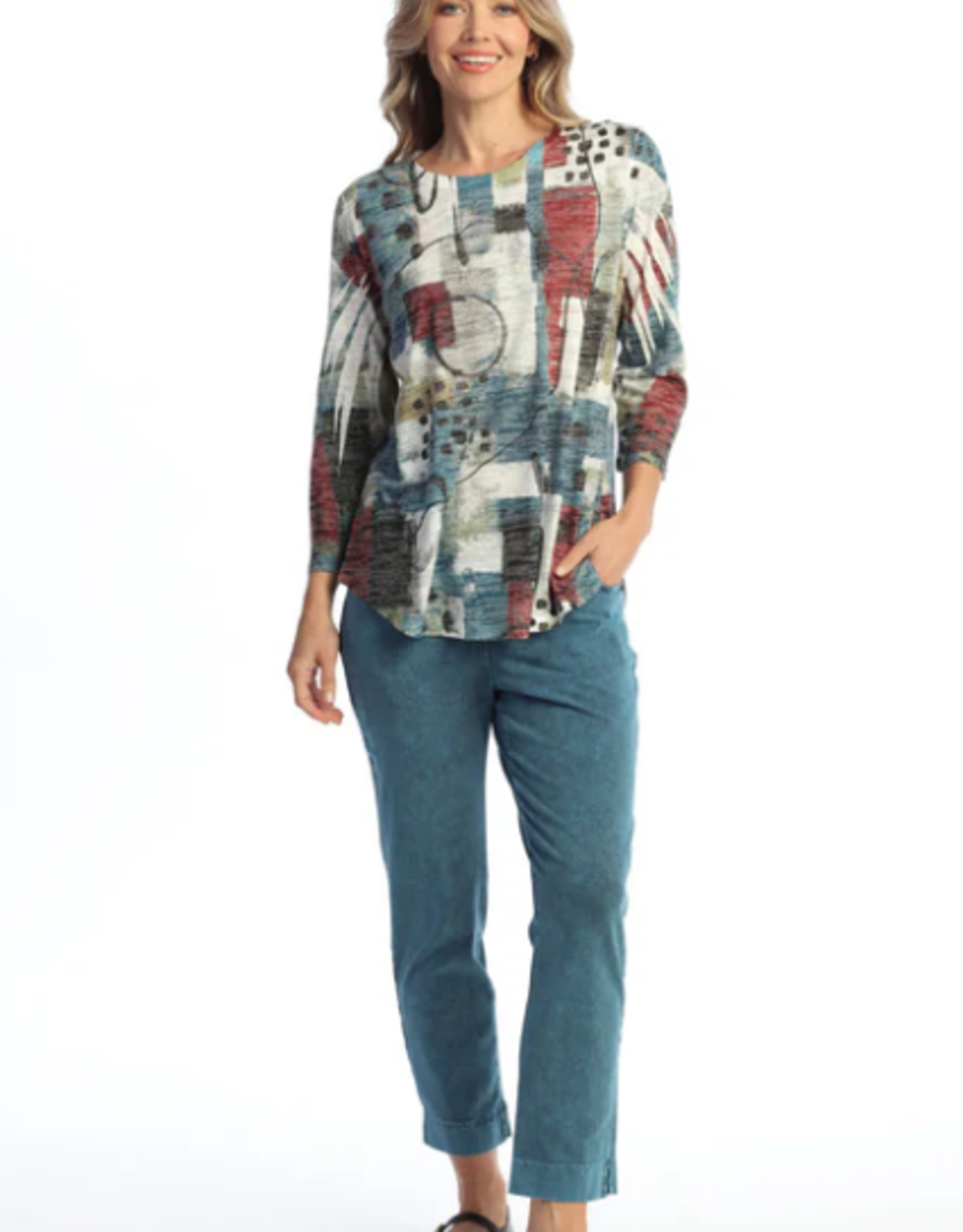 Jess & Jane Jess & Jane Multi Burnout Tunic Top W/3/4 Slv and Round Hem