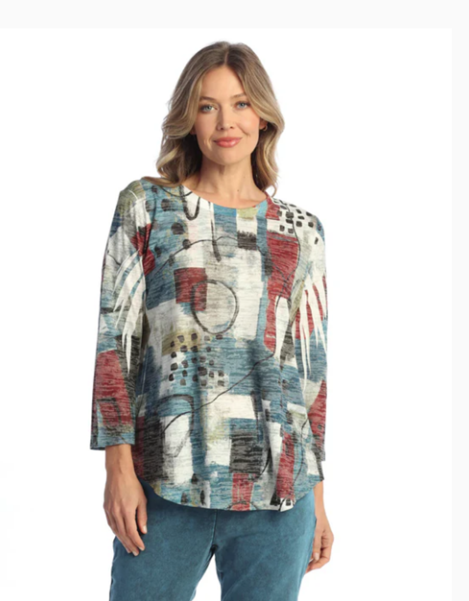 Jess & Jane Jess & Jane Multi Burnout Tunic Top W/3/4 Slv and Round Hem