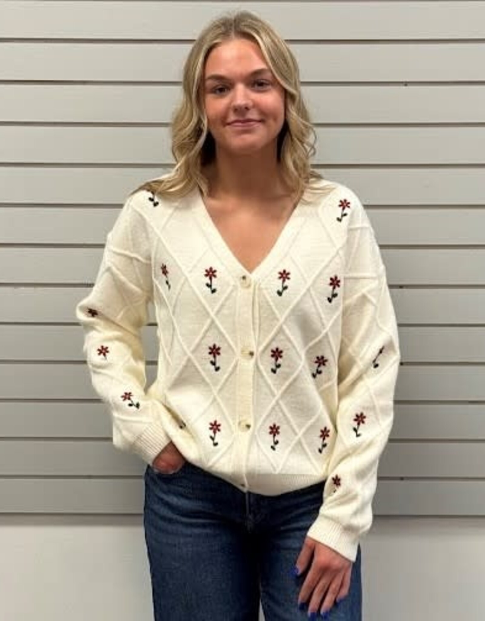 Hem & Thread Hem & Thread Flower Embroidered Button Down Sweater Cardigan LO