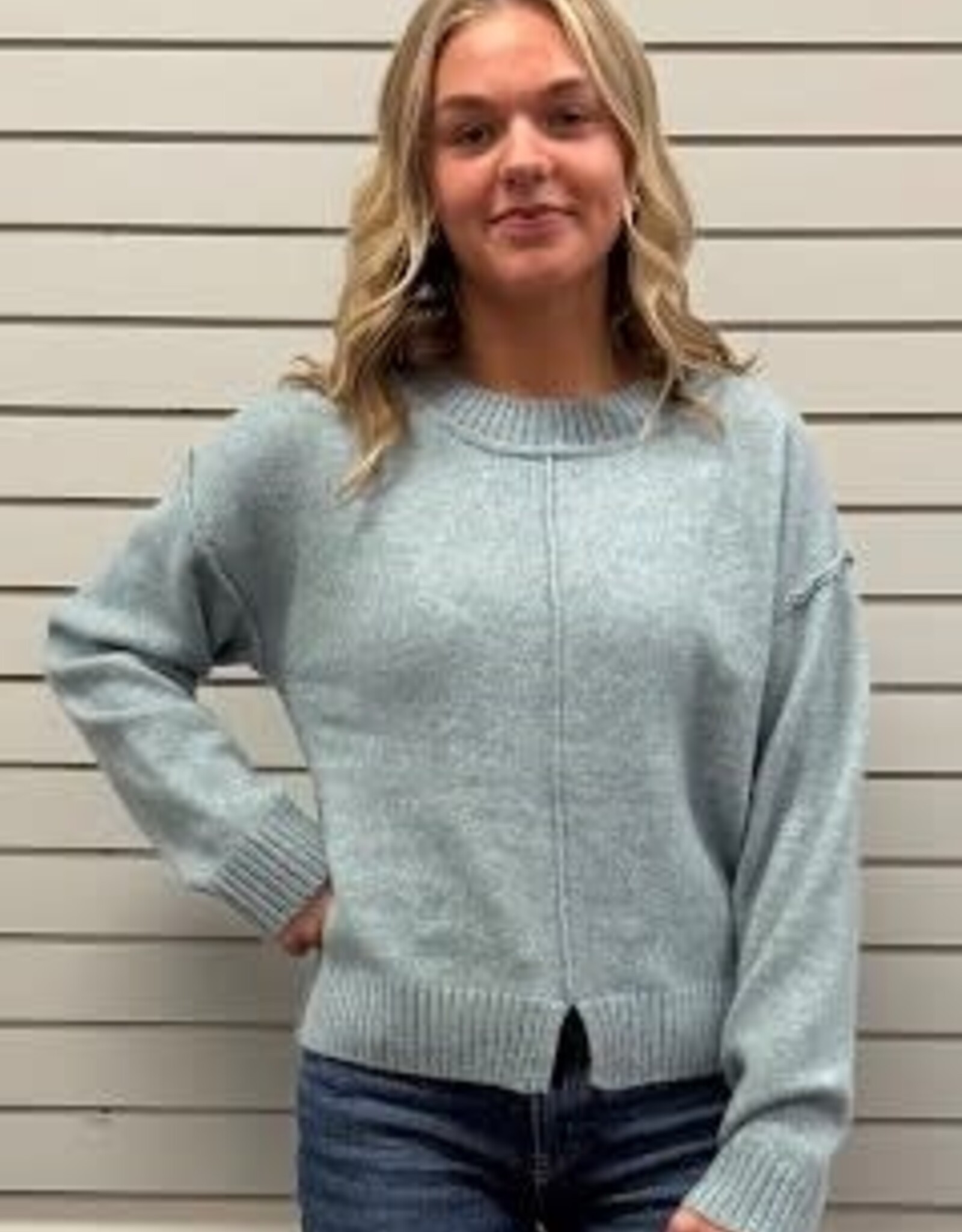 Hem & Thread Hem & Thread Front Bottom Slit Crew Neck Sweater Top LL