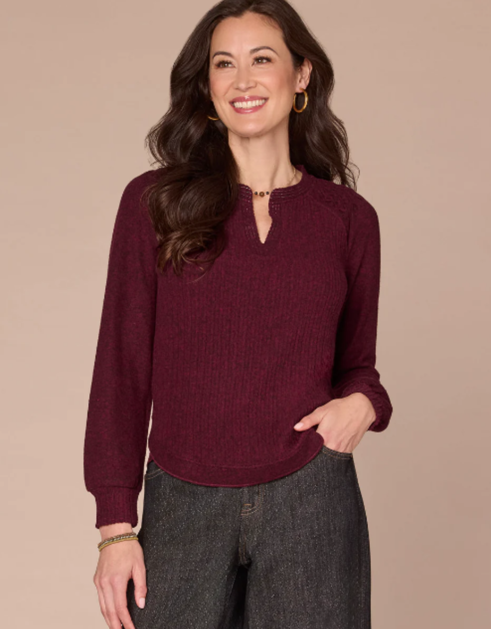 Democracy Democracy  Heather Wineberry L/S Mandarin Collar Knit Top LB