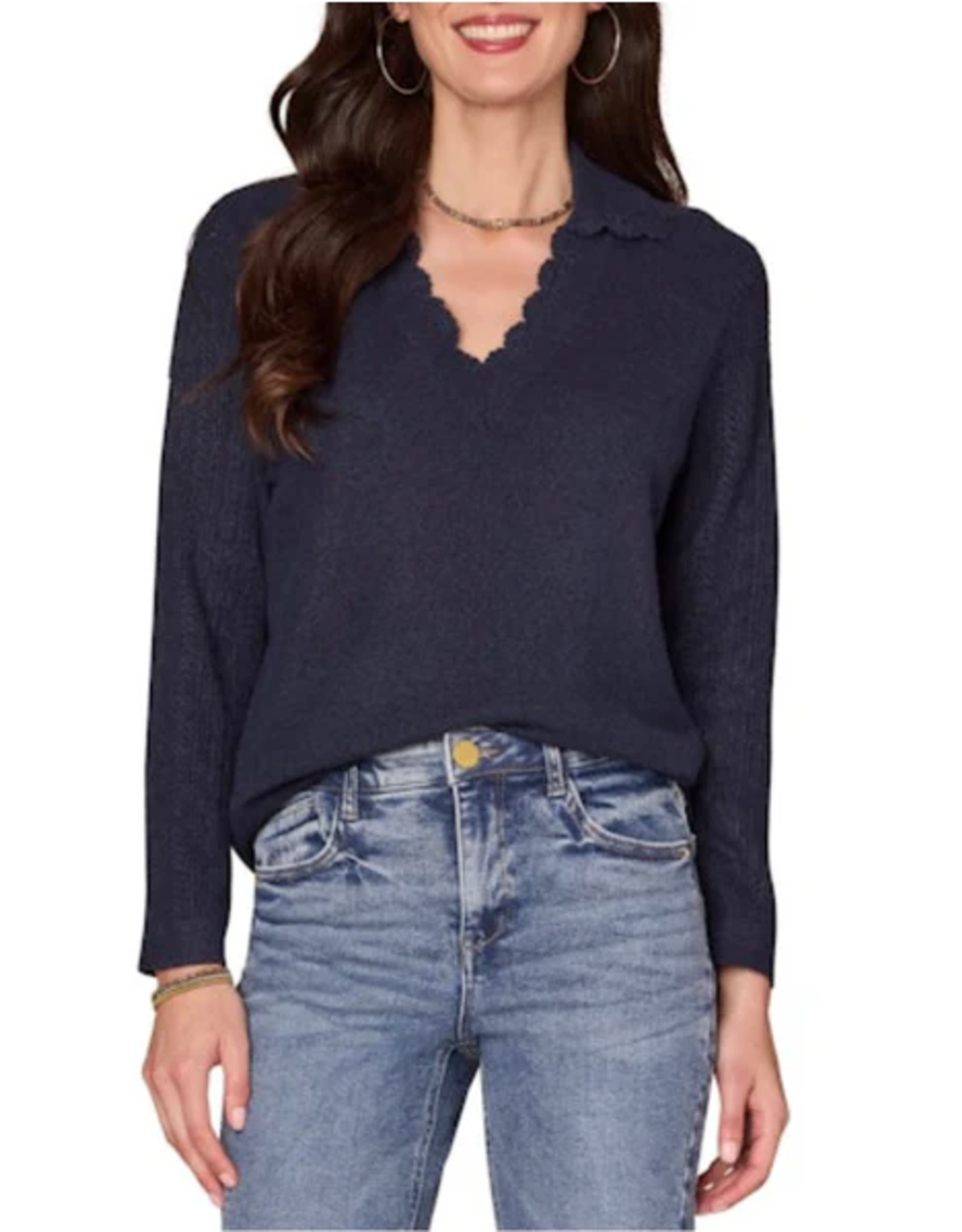 Democracy Democracy Ultra Navy L/S Crochet V Neck Sweater