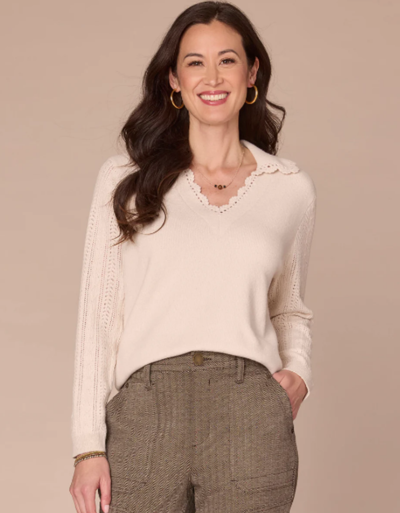 Democracy Democracy Ultra Navy L/S Crochet V Neck Sweater