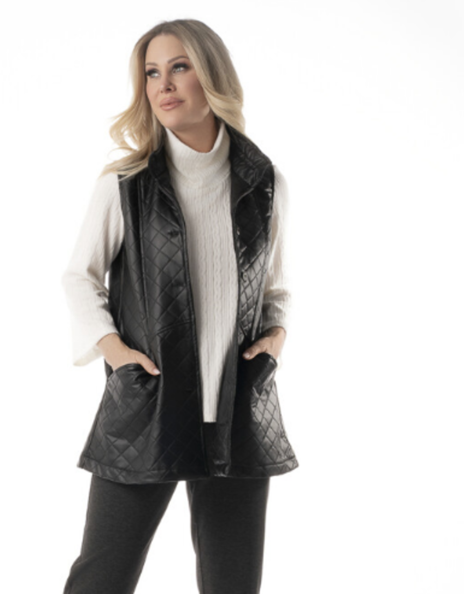 Pure Essence PURE 643-7071 Black Quilted Detail Faux Leather Mid Length Vest CK
