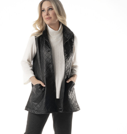 Pure Essence PURE 643-7071 Black Quilted Detail Faux Leather Mid Length Vest CK