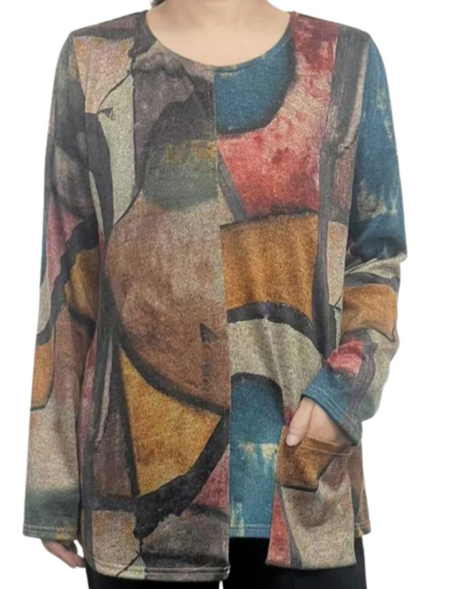 Creations Creation Multi Color Print Round Neck Asymmetrical Hem Top