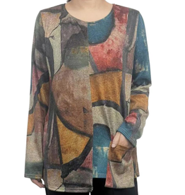 Creations Creation Multi Color Print Round Neck Asymmetrical Hem Top Creations Creation Multi Color Print Round Neck Asymmetrical Hem Top