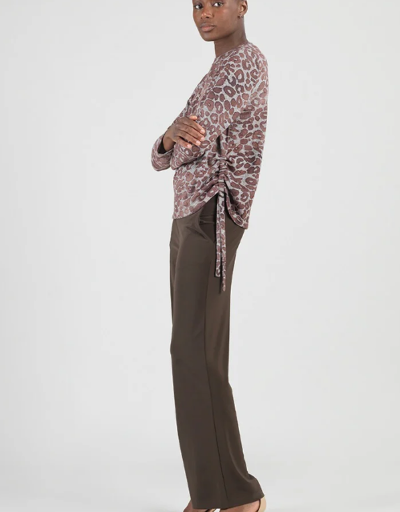 Clara Sun Woo Clara Sun Woo Brown Animal Print Scoop Neck L/S Top w/Side Detail CK