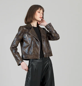 Clara Sun Woo Clara Sun Woo Brown Distressed Motto  Zip Jacket SS