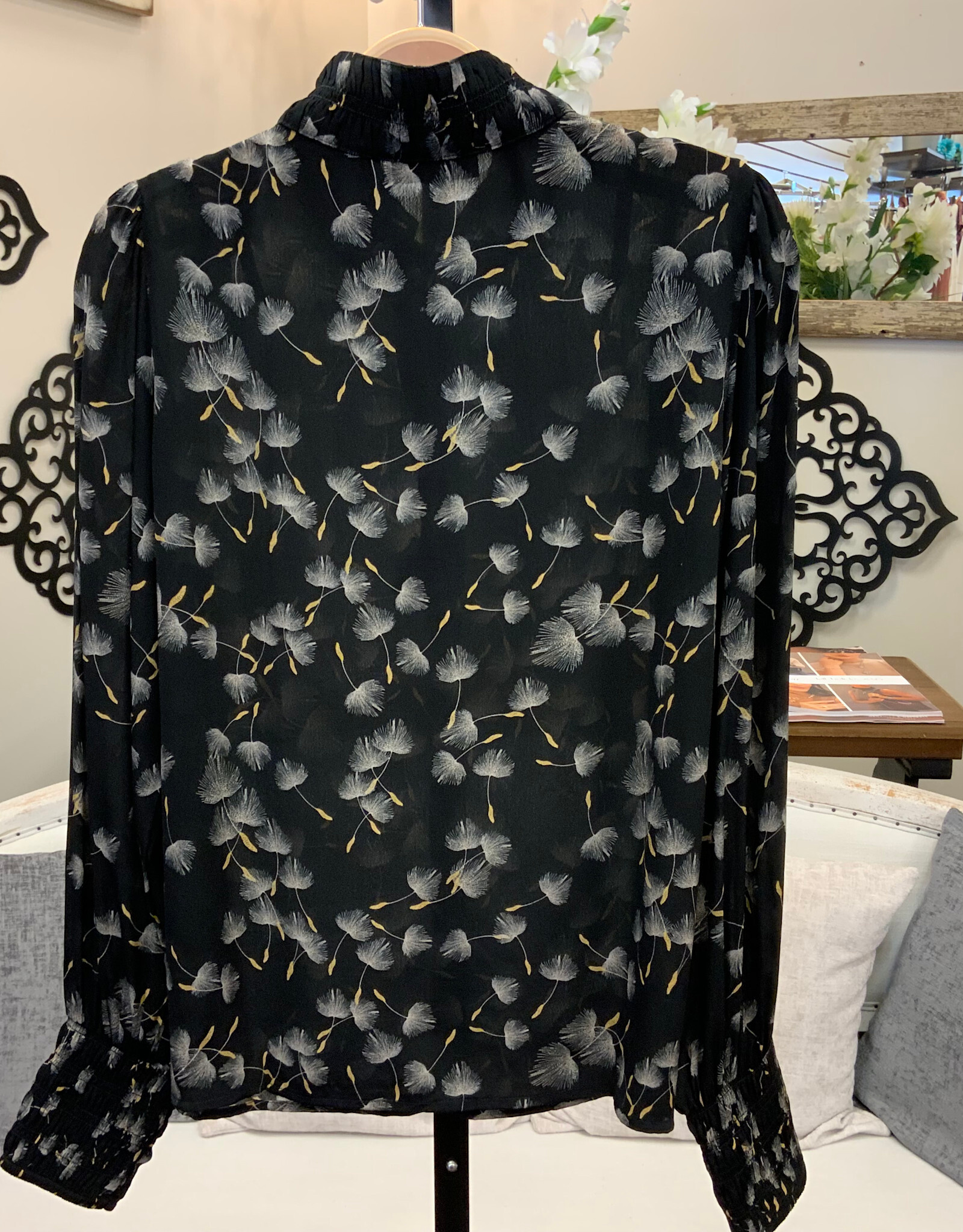 APNY APNY Black Floral Button Neck L/S Top
