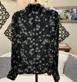 APNY APNY Black Floral Button Neck L/S Top