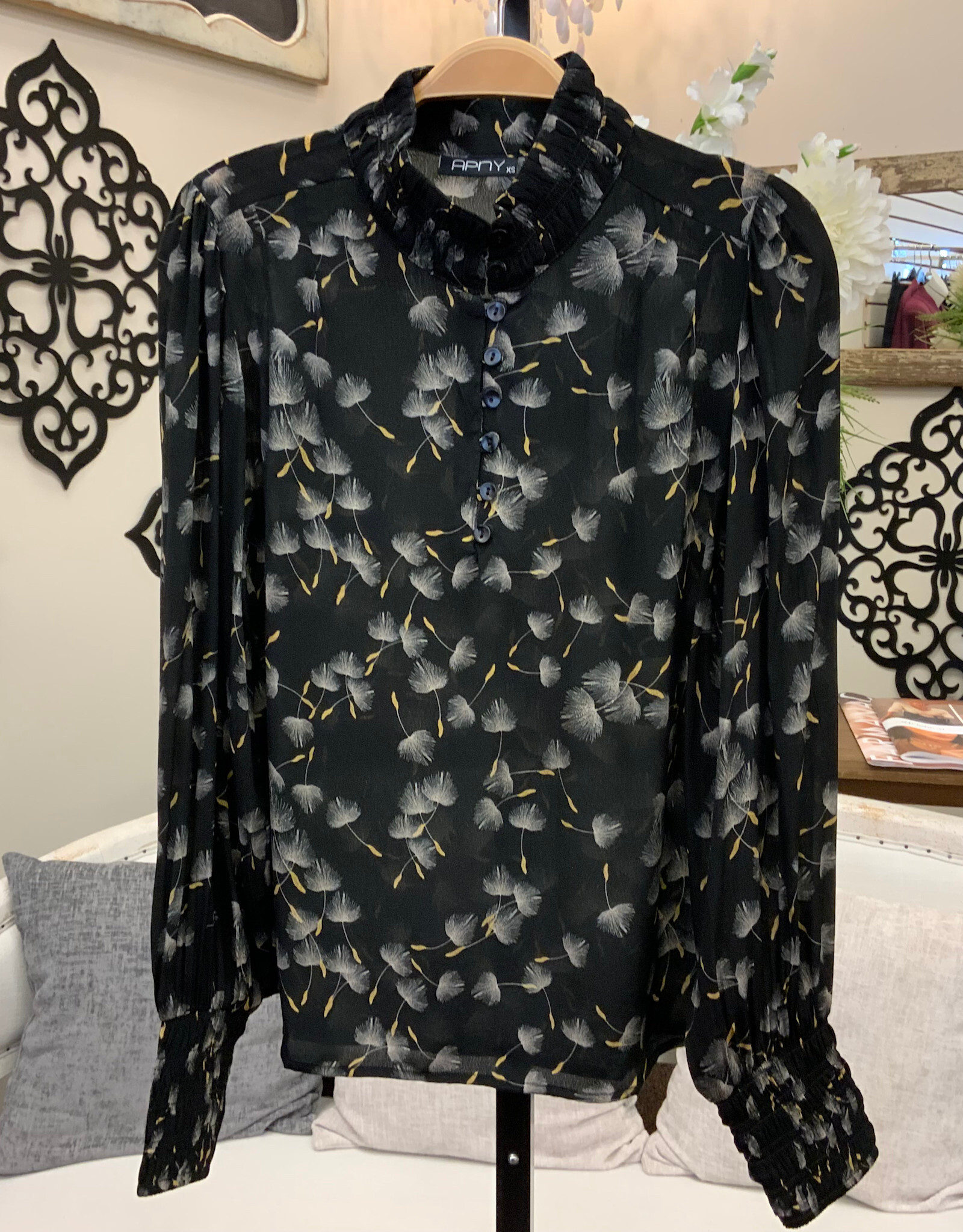 APNY APNY Black Floral Button Neck L/S Top