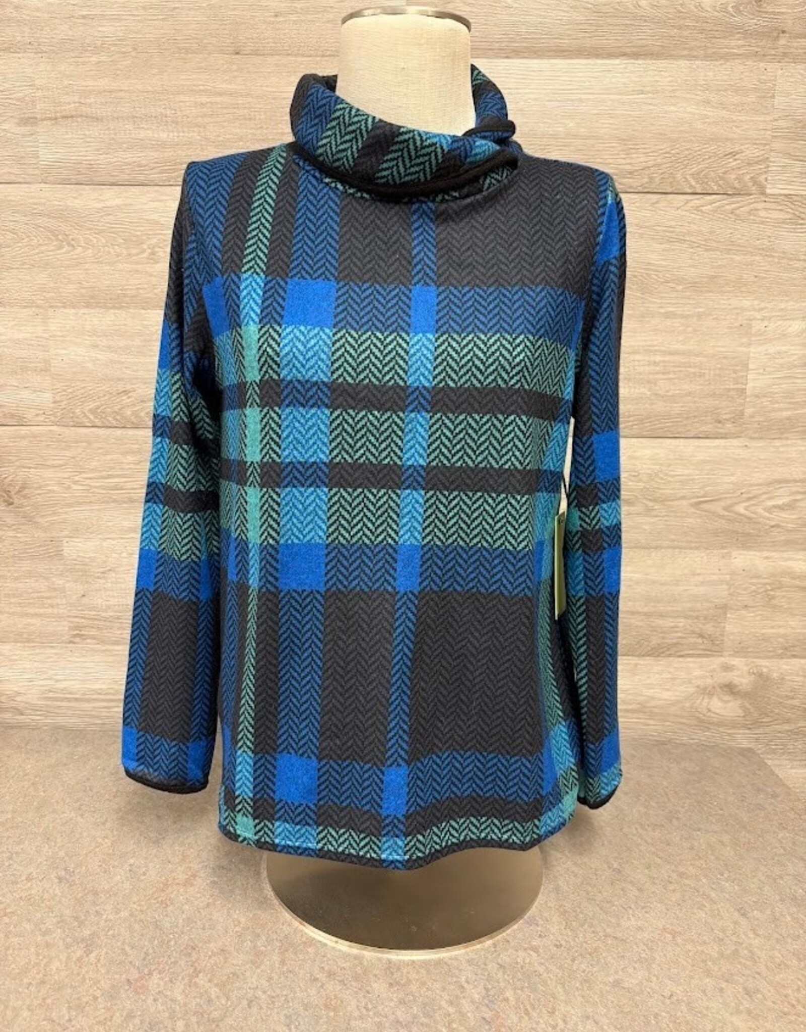 Trisha Tyler Trisha Tyler Blue Contrast Trim Fold Over Neck Plaid Printed Sweater CC