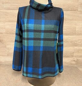 Trisha Tyler Trisha Tyler Blue Contrast Trim Fold Over Neck Plaid Printed Sweater CC