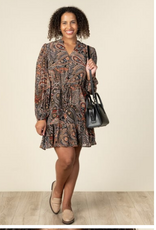 Papillon Papillon  Black Paisley L/S Dress W/Ruffle Hem & Tie Belt