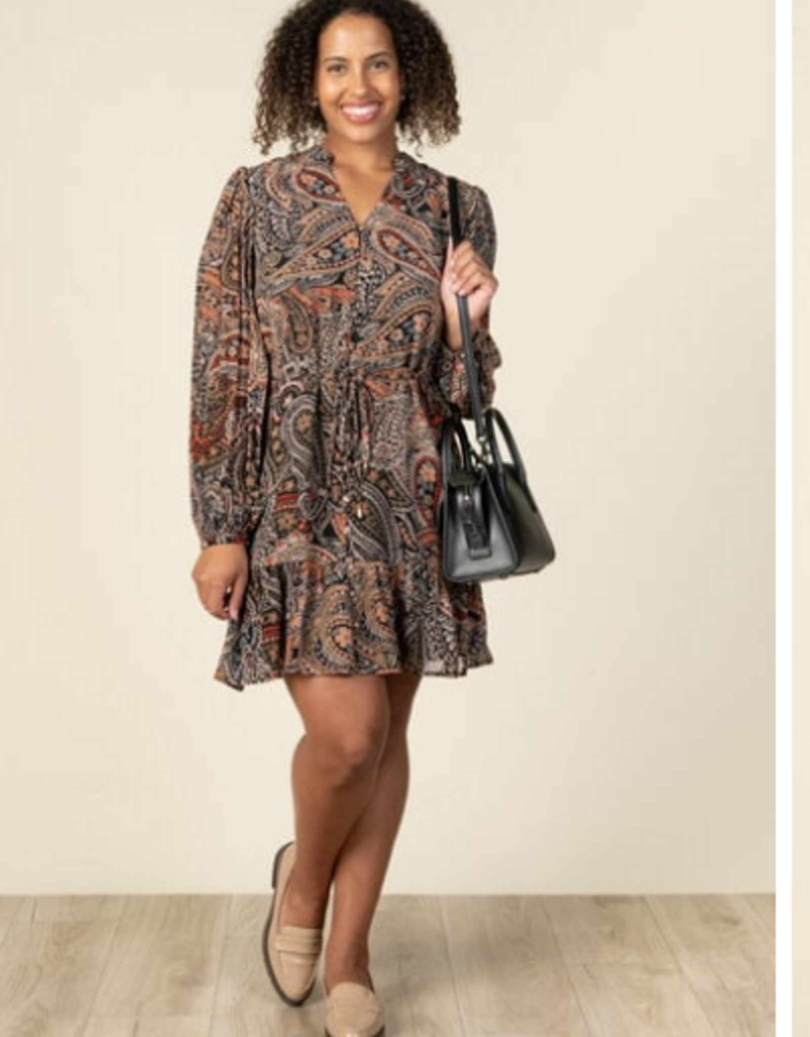 Papillon Papillon  Black Paisley L/S Dress W/Ruffle Hem & Tie Belt