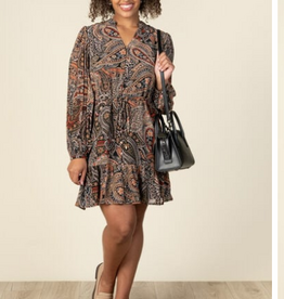 Papillon Papillon  Black Paisley L/S Dress W/Ruffle Hem & Tie Belt