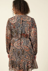 Papillon Papillon  Black Paisley L/S Dress W/Ruffle Hem & Tie Belt