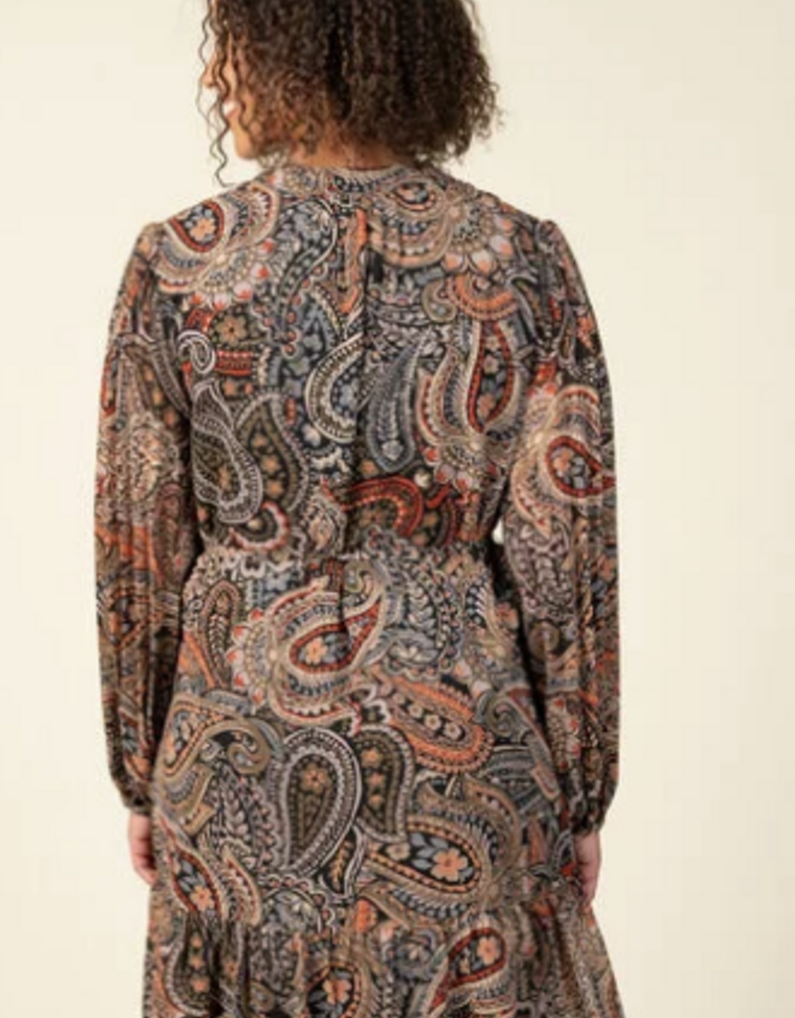 Papillon Papillon  Black Paisley L/S Dress W/Ruffle Hem & Tie Belt