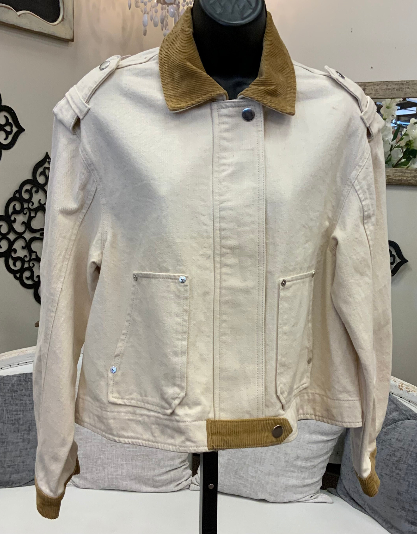 Democracy Democracy Wheat  Corduroy Collar Denim Zip Up Jacket CE