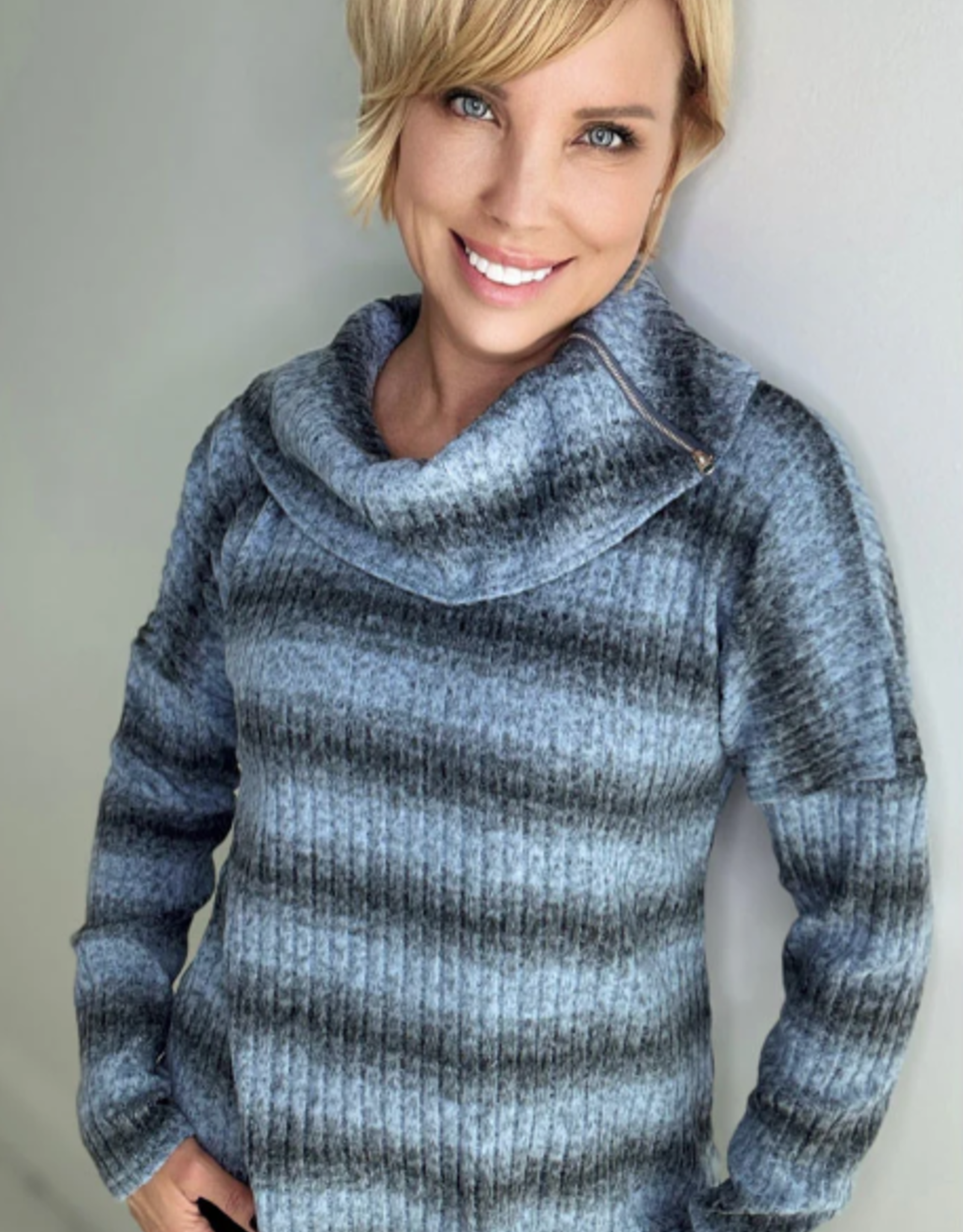 Ethyl Ethyl Blue/Black Long Sleeve Cowl Neck Sweater