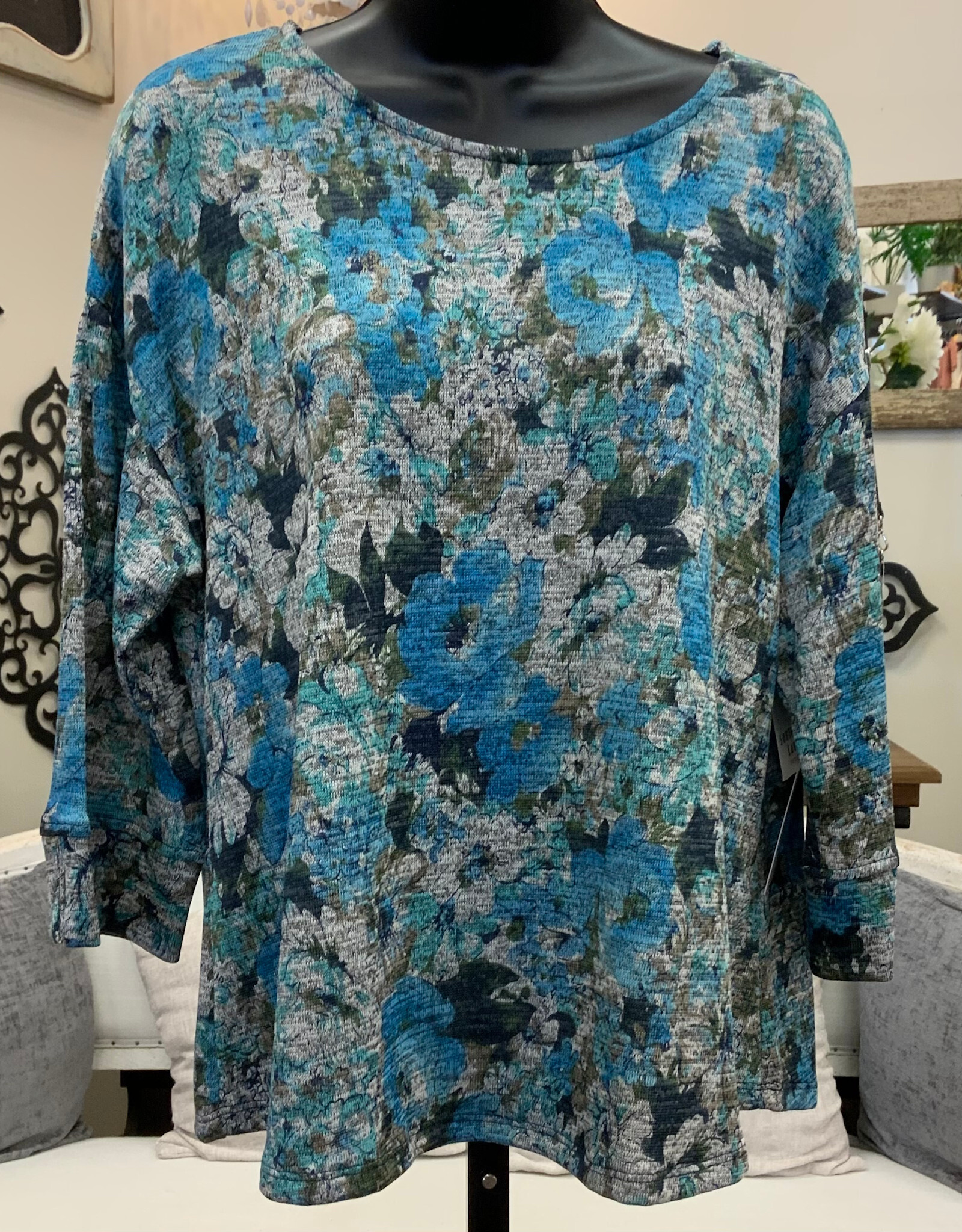 L.Hamrick Southern Lady Blue Firth Aqua 3/4 Sleeve Petite Top BL