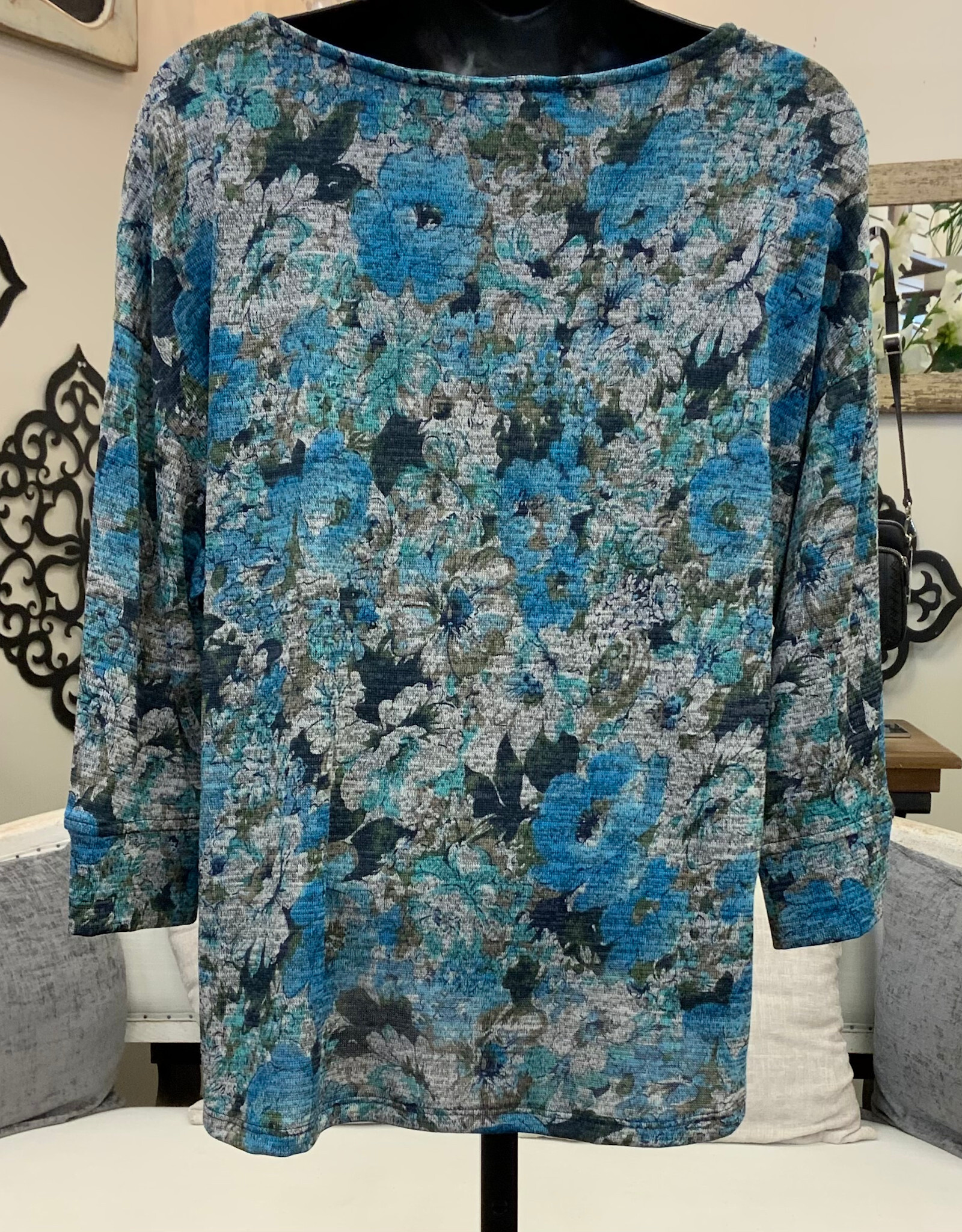 L.Hamrick Southern Lady Blue Firth Aqua 3/4 Sleeve Petite Top BL