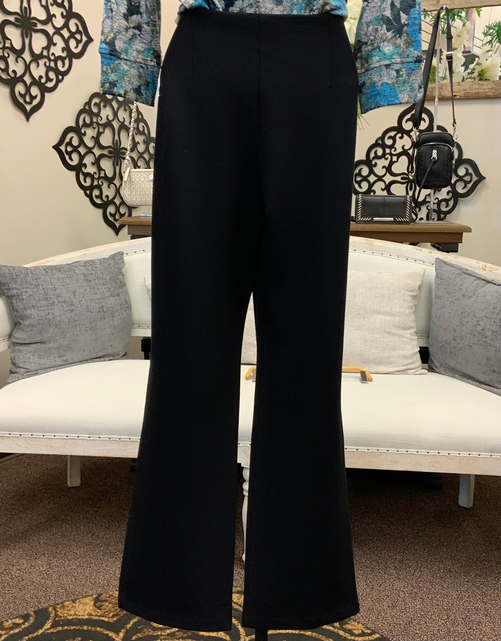 Multiples Multiples  Black Elastic No Waist Pintuck Flare Leg Ankle Pant AC